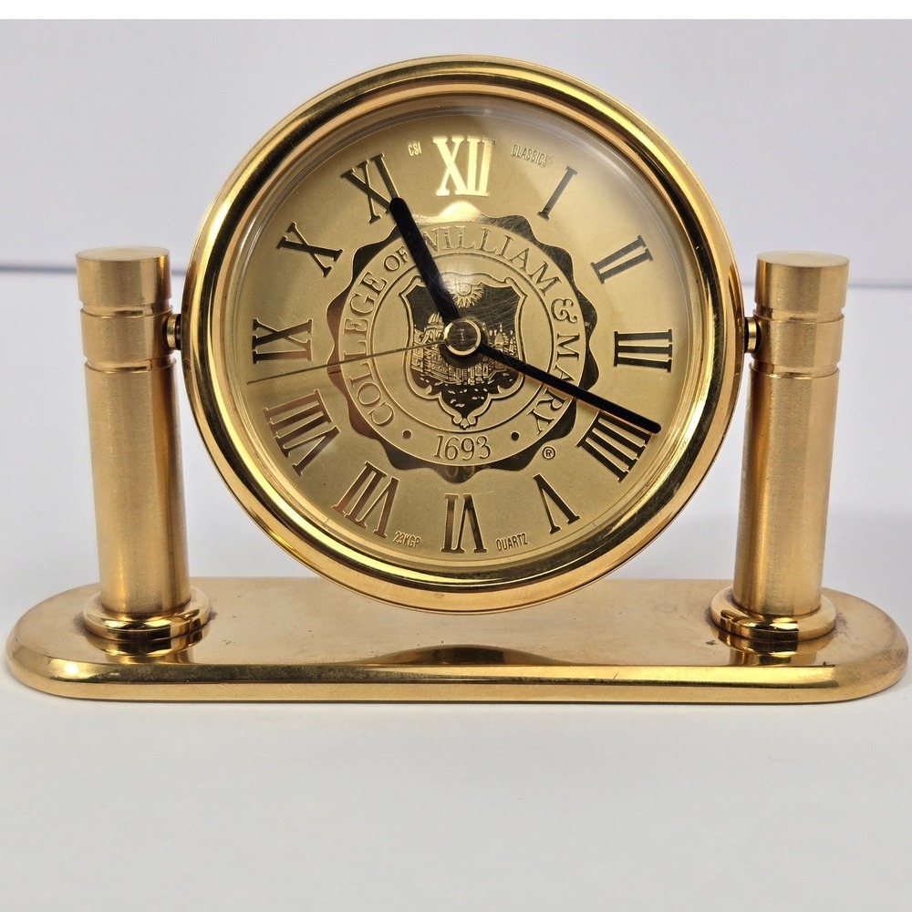 Vintage College of William & Mary Brass Desk Clock - 23K Gold Plated Swivel